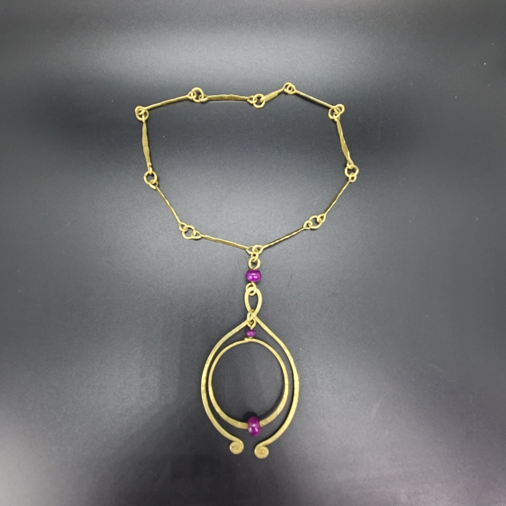Hand-made Hammered Brass Necklace/ Choker with 3 Purple stones.